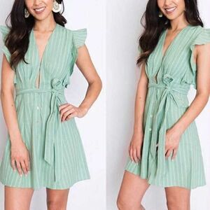 Storia 100% Cotton Green Striped Button Front Ruffle Sleeve Mini Dress, S